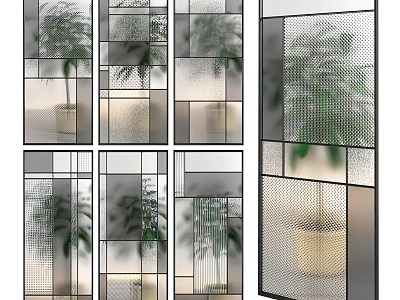 Modern Room Divider With Geometric Glass Panels And Green Plants Background 3d model