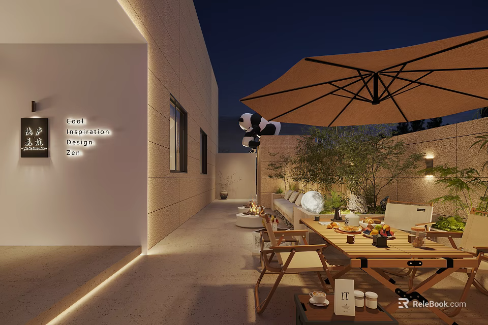 Serene Courtyard Garden Featuring Outdoor Dining Table Chairs Large Umbrella Stone Walls And Evening Lighting 3d model 