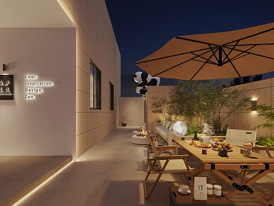 Serene Courtyard Garden Featuring Outdoor Dining Table Chairs Large Umbrella Stone Walls And Evening Lighting 3d model