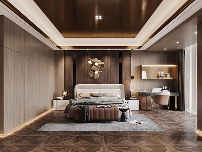 Modern Elegant Bedroom Interior Design With Wooden Walls Dark Ceiling And Geometric Floor 3d model