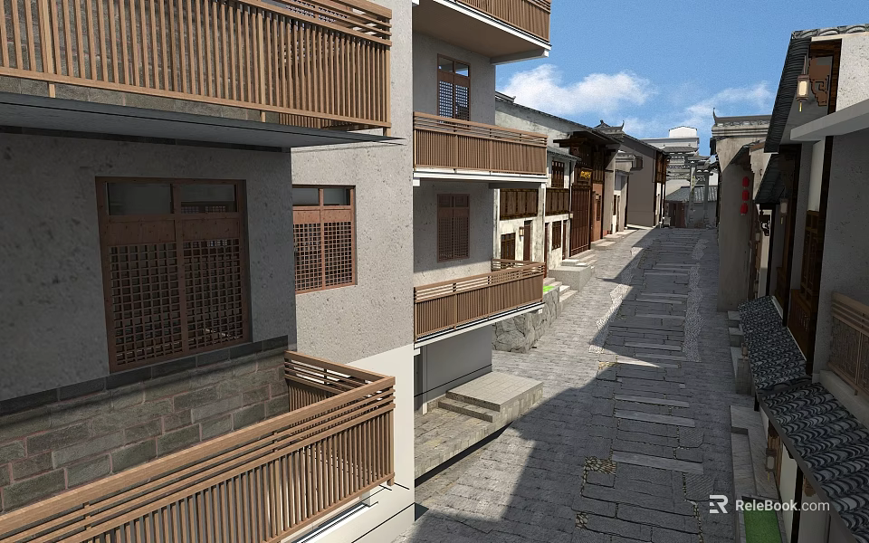 Traditional And Modern Commercial Street With Wooden Balconies And Stone Paved Road 3d model 