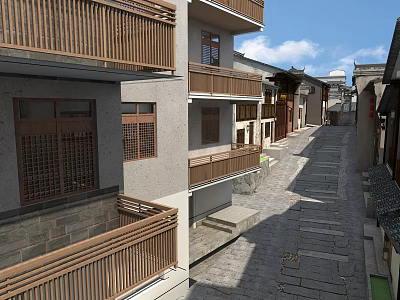 Traditional And Modern Commercial Street With Wooden Balconies And Stone Paved Road 3d model