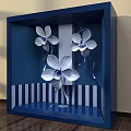 Creative Blue Window Display Design with White Paper Flowers and Striped Background 3d model