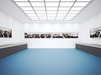 Spacious Gallery Interior With Glass Skylight White Walls Blue Flooring Hanging Artworks And Display Cabinets 3d model