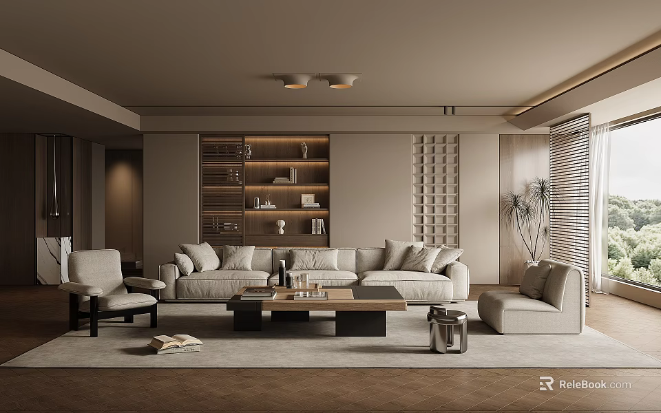 Modern Minimalist Living Room Interior With Comfortable Sofas And Bookshelf 3d model 