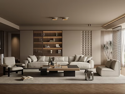 Modern Minimalist Living Room Interior With Comfortable Sofas And Bookshelf 3d model