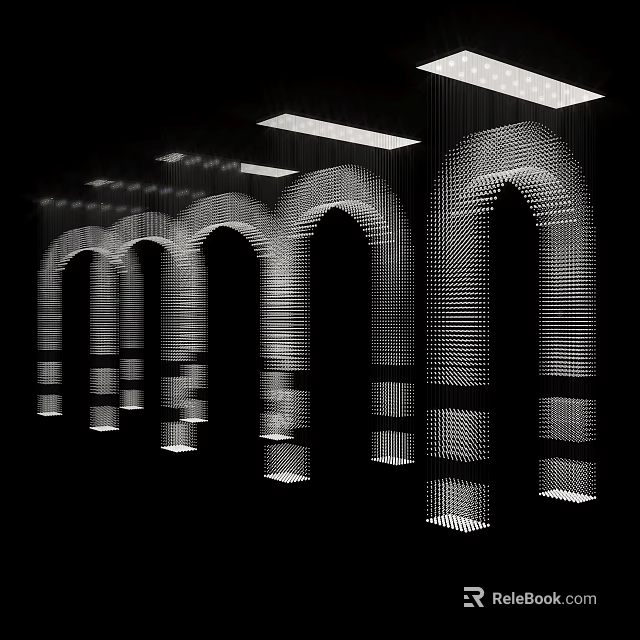 Dot Matrix Arches In A Row On Black Background With Strip Lights 3d model 
