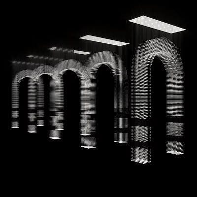 Dot Matrix Arches In A Row On Black Background With Strip Lights 3d model