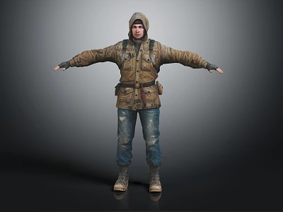 Human Figure Standing With Arms Outstretched Wearing Brown Hooded Jacket Blue Jeans And Brown Boots 3d model