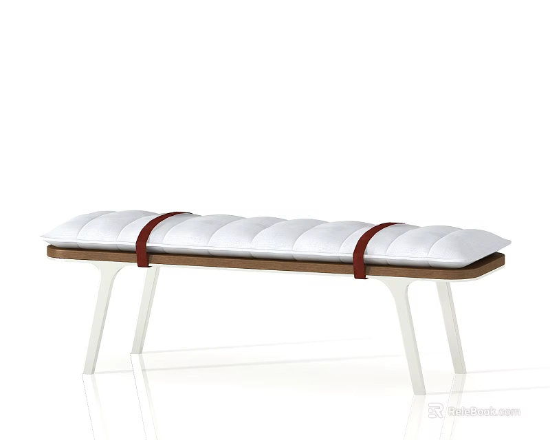 Minimalist Modern Bench With White Cushion Brown Wooden Frame And Red Straps 3d model 