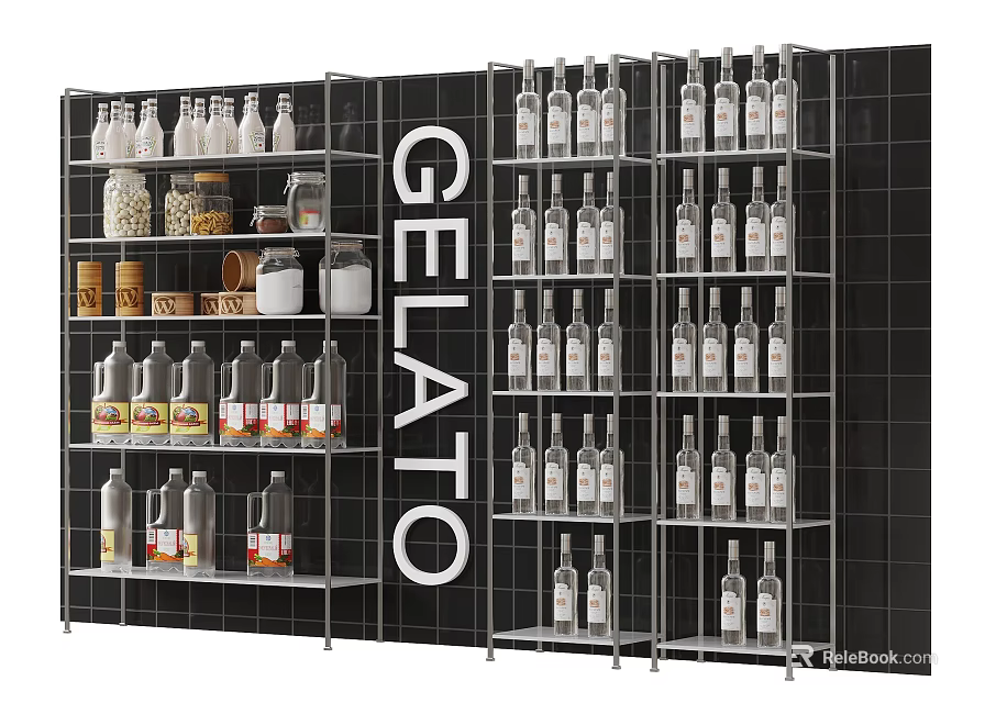 Organized Gelato Retail Display Shelves With Bottles Jars And Black Tiled Wall 3d model 