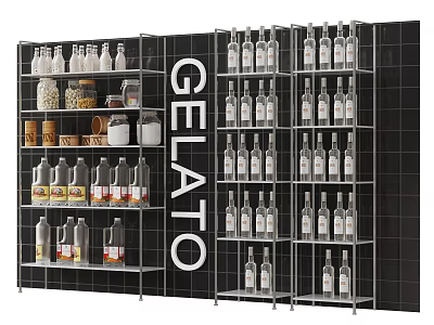 Organized Gelato Retail Display Shelves With Bottles Jars And Black Tiled Wall 3d model