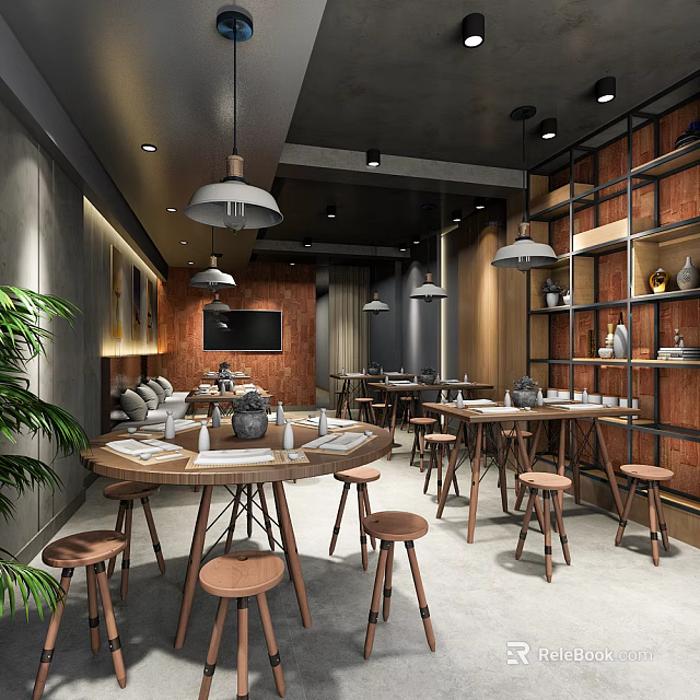 Modern Restaurant Interior With Wooden Tables Bar Stools Pendant Lights Green Plants And Decorative Shelves 3d model 