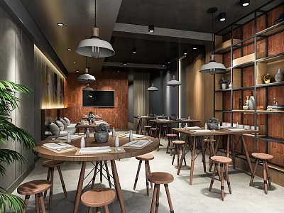 Modern Restaurant Interior With Wooden Tables Bar Stools Pendant Lights Green Plants And Decorative Shelves 3d model