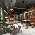 Modern Restaurant Interior With Wooden Tables Bar Stools Pendant Lights Green Plants And Decorative Shelves