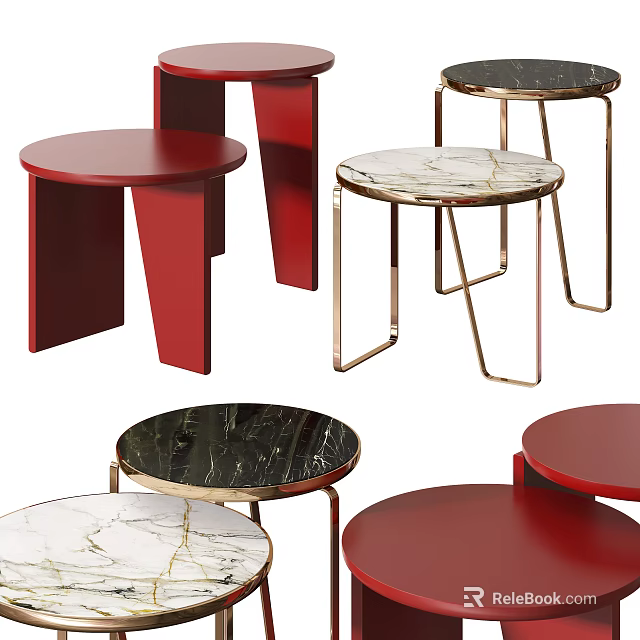 Stylish Side Tables Featuring Red And Marble Tops With Metal Frames Design 3d model