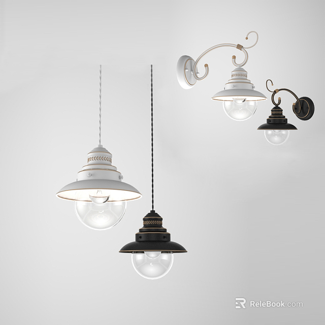 Modern Pendant Lights And Wall Sconces Lighting Combinations With Dome Shades And Clear Glass Bulbs 3d model 