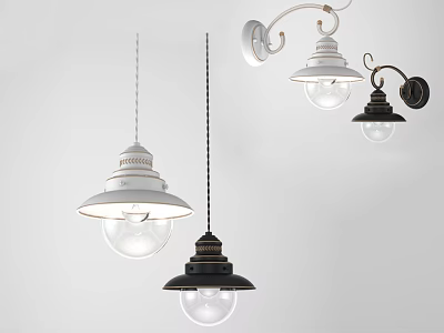 Modern Pendant Lights And Wall Sconces Lighting Combinations With Dome Shades And Clear Glass Bulbs 3d model