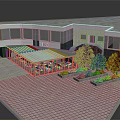 Modern Commercial Street Building Exterior With Covered Walkway Trees And Flower Beds