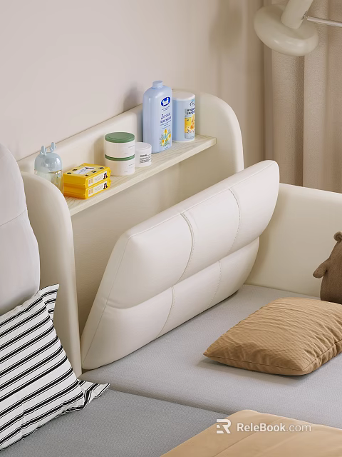 White Baby Crib With Headboard Side Shelf Holding Toiletries Striped Pillow Brown Teddy Bear 3d model 