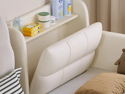 White Baby Crib With Headboard Side Shelf Holding Toiletries Striped Pillow Brown Teddy Bear 3d model