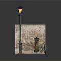 Urban Street Corner Scene With Brick Wall Street Lamp Trash Can Weeds And Stone Pavement