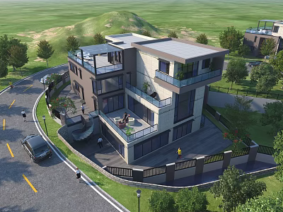 Modern Detached Villa With Glass Facade Balconies Lush Trees And Green Surroundings 3d model