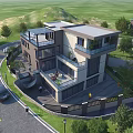 Modern Detached Villa With Glass Facade Balconies Lush Trees And Green Surroundings