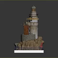 Detailed Lighthouse Model With Rock Base Crane And Hanging Container Platform