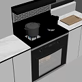Modern Kitchen With Gas Stove Two Covered Pots Oven Roasted Food Chopping Board And White Cabinets