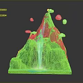 3D Green Mountain Landscape With Flowing Blue Waterfall And White Clouds