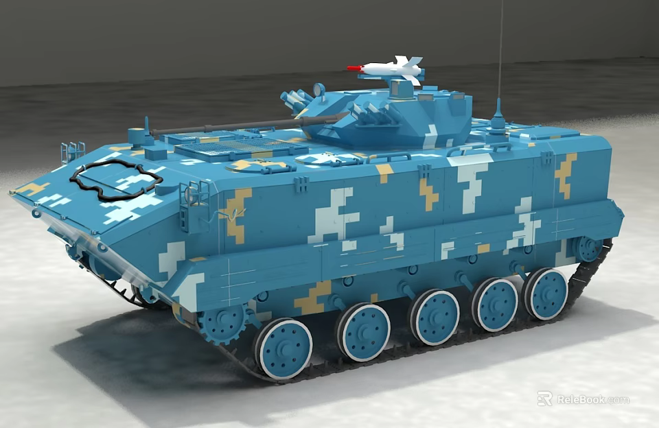 Blue Military Tank With Camouflage Pattern Detailed Tracks And Top Equipment Wheels 3d model 