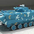 Blue Military Tank With Camouflage Pattern Detailed Tracks And Top Equipment Wheels
