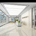 Modern Front Desk Reception Area With Wooden Shelves Leather Sofa And Bright Lighting