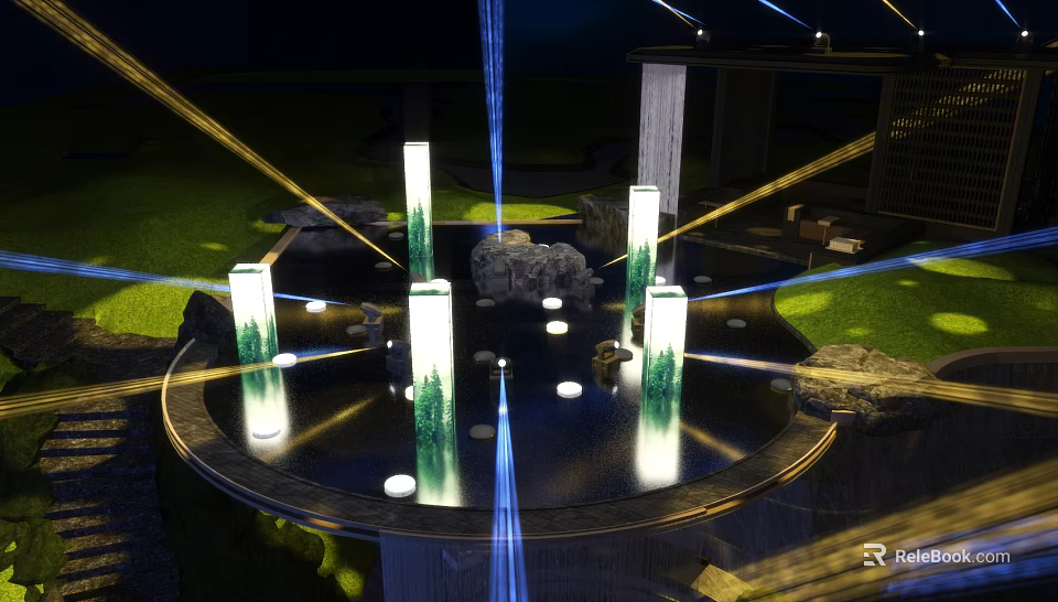 Illuminated Art Installation With Circular Pool Green Pillars And Laser Beams At Night 3d model 
