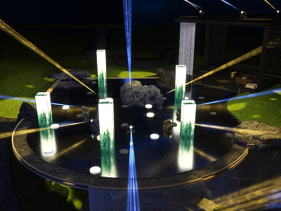 Illuminated Art Installation With Circular Pool Green Pillars And Laser Beams At Night 3d model