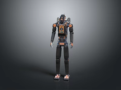 Mechanical Humanoid Robot Character With Orange Accents Black Frame And Articulated Joints 3d model