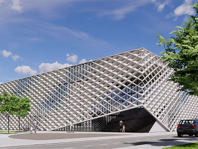 Modern Architectural Exterior With Lattice Structure Entrance Pedestrians And Vehicle 3d model
