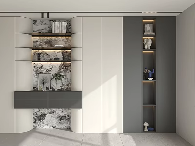 Modern Interior Decorative Cabinet Featuring Marble Accents Open Shelves And Gray Drawers 3d model