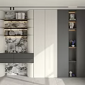 Modern Interior Decorative Cabinet Featuring Marble Accents Open Shelves And Gray Drawers