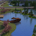 Waterfront Landscape Design With Lake Island Bridge Pavilion Walkway And Lush Greenery