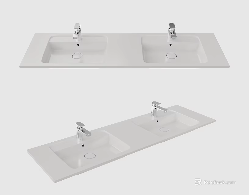 Modern White Double Washbasin With Sleek Faucets And Smooth Surface Design 3d model