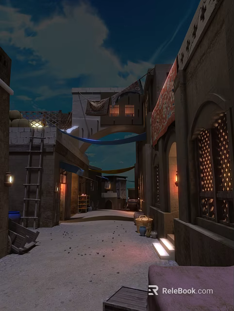 Traditional Commercial Street at Night with Hanging Fabrics Lanterns Traditional Architecture and Stone Paved Ground 3d model 