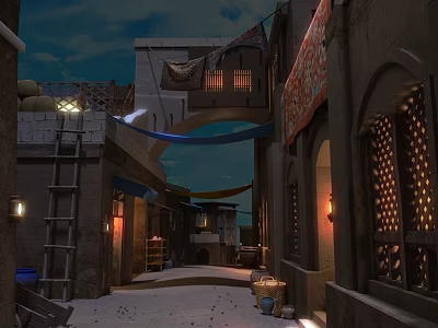 Traditional Commercial Street at Night with Hanging Fabrics Lanterns Traditional Architecture and Stone Paved Ground 3d model