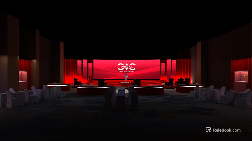 Event Stage Setup With Red Backdrop White Logo And Surrounding Tables Chairs 3d model