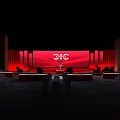 Event Stage Setup With Red Backdrop White Logo And Surrounding Tables Chairs 3d model