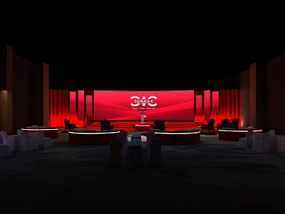 Event Stage Setup With Red Backdrop White Logo And Surrounding Tables Chairs 3d model