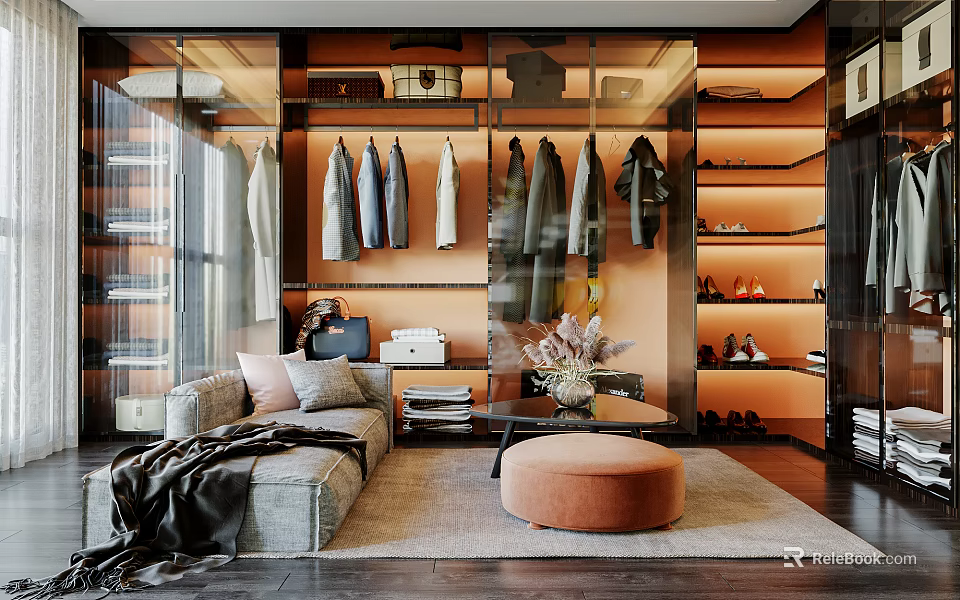 Luxury Walk in Closet Interior With Hanging Clothes Shoe Storage Sofa Ottoman And Warm Lighting 3d model 