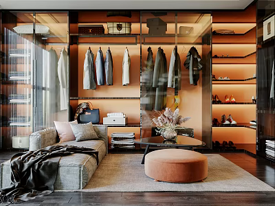 Luxury Walk in Closet Interior With Hanging Clothes Shoe Storage Sofa Ottoman And Warm Lighting 3d model