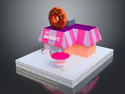 Cartoon Big Donut Shop with Pink and White Striped Awning Giant Donut on Roof 3d model